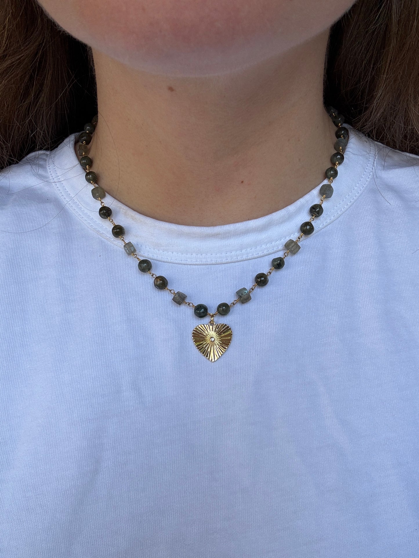 Green Beaded Chain with Heart Charm