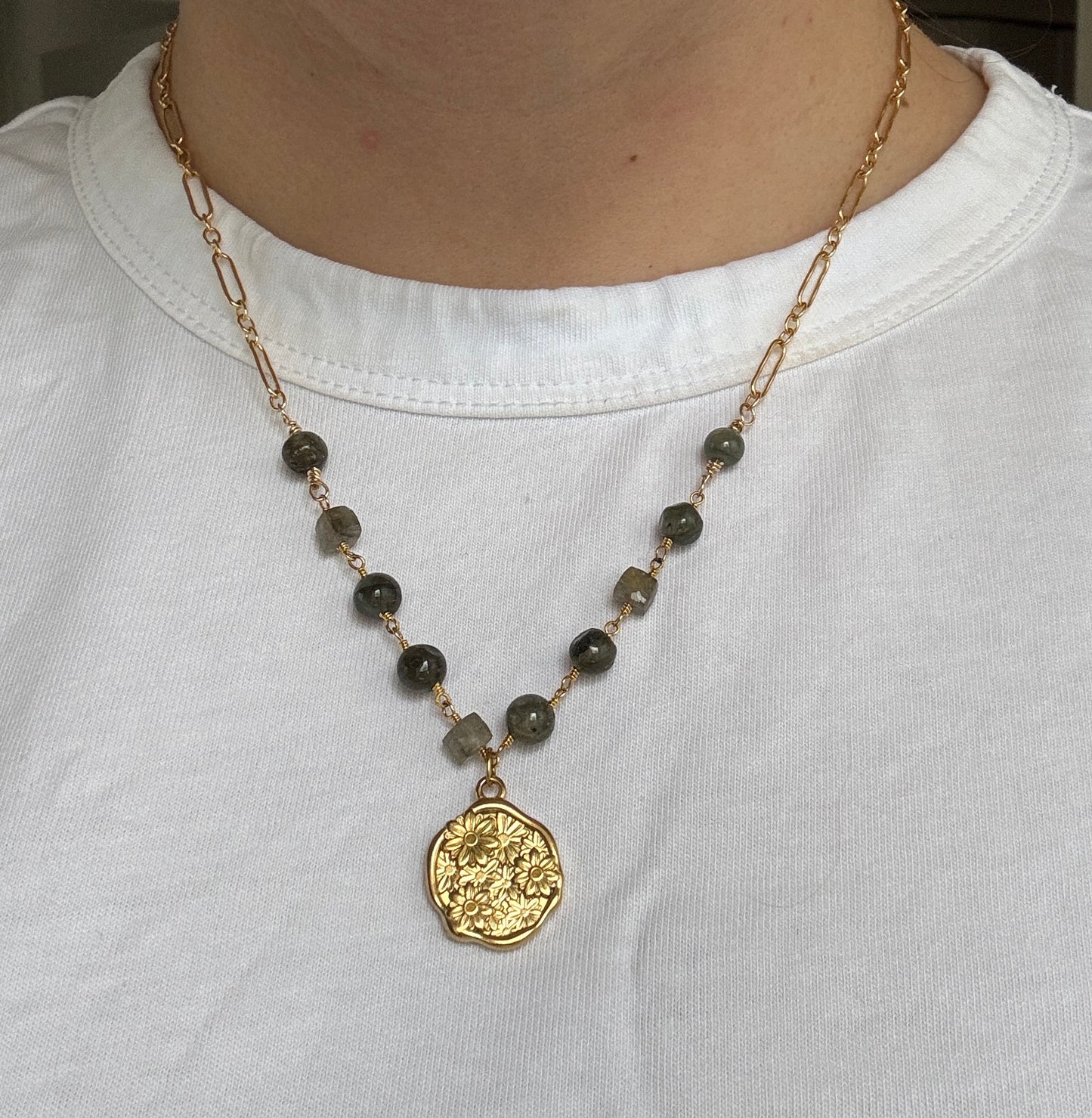 Green Beaded Rosary & Paperclip Chain Necklace