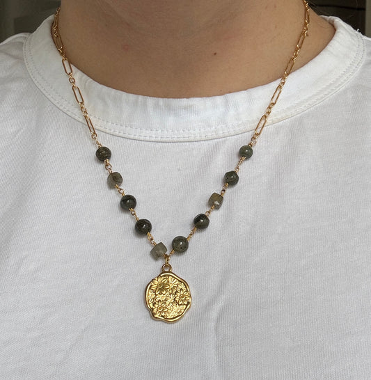 Green Beaded Rosary & Paperclip Chain Necklace