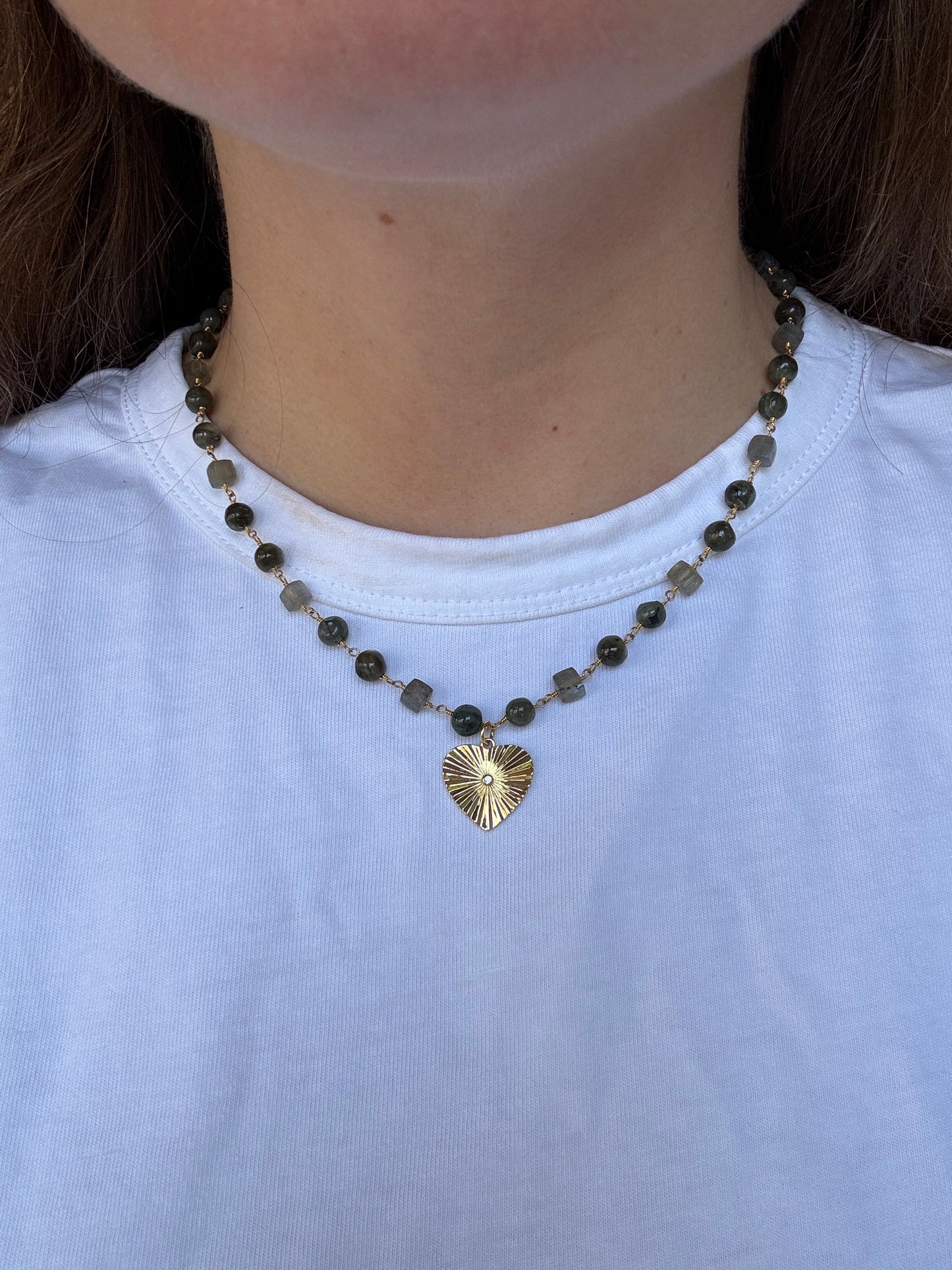 Green Beaded Chain with Heart Charm