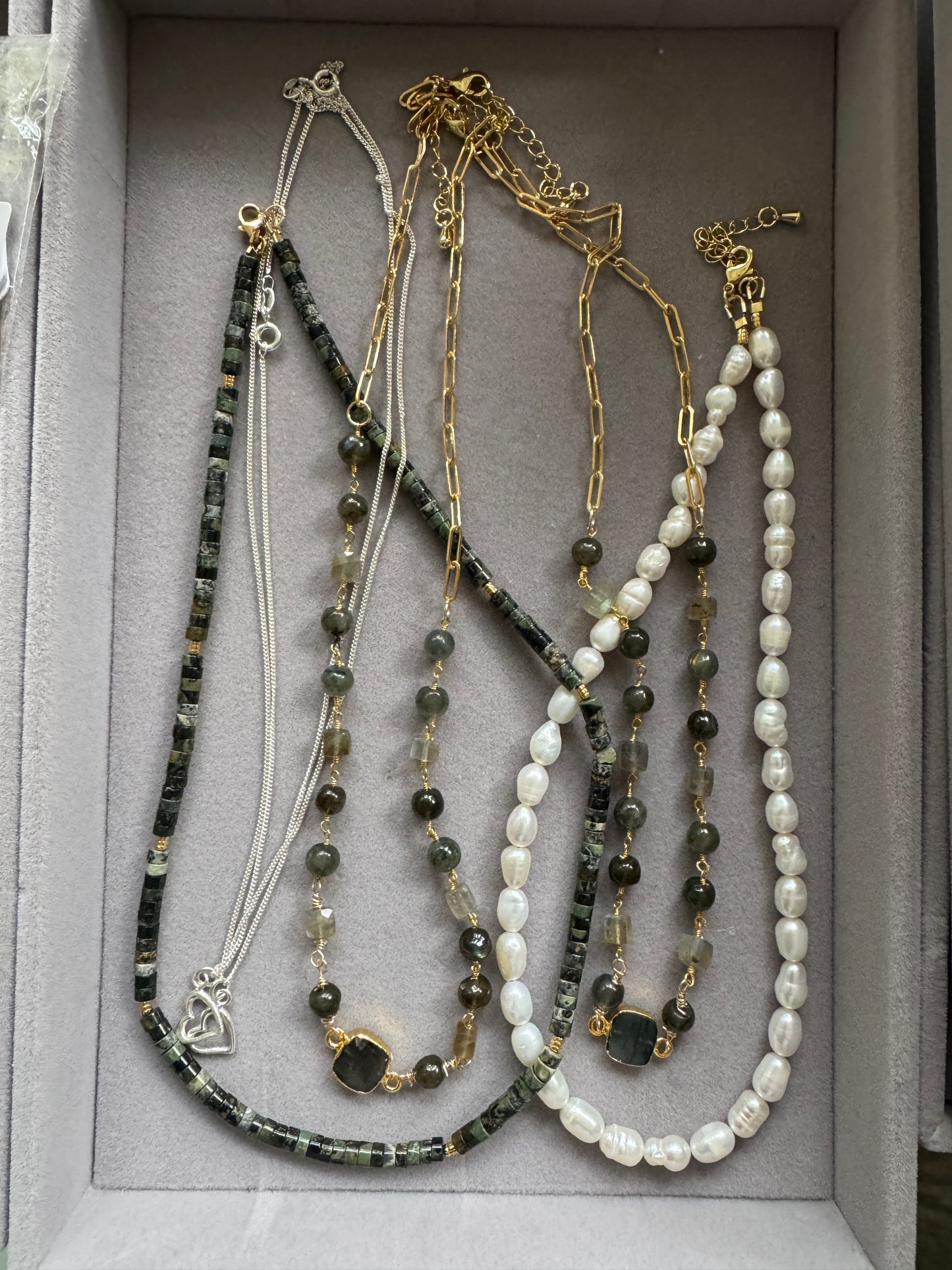 Gold Filled Paperclip with Green Beaded Chain