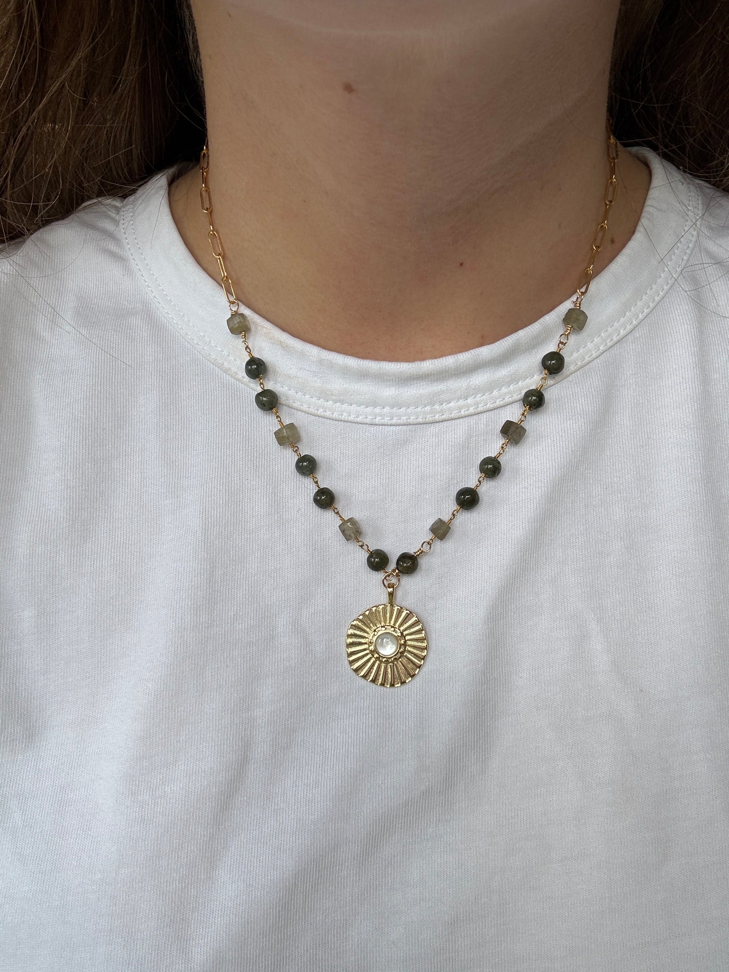 Green Beaded Rosary & Paperclip Chain Sun Necklace