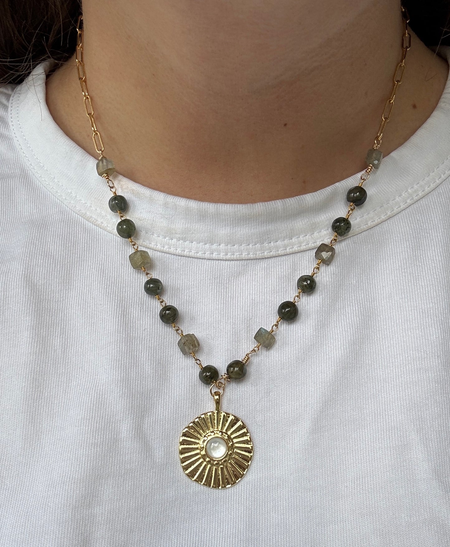 Green Beaded Rosary & Paperclip Chain Sun Necklace