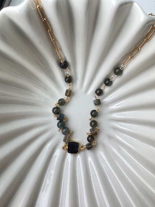 Gold Filled Paperclip with Green Beaded Chain