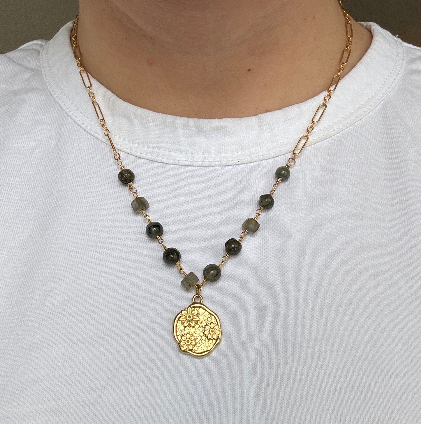 Green Beaded Rosary & Paperclip Chain Necklace